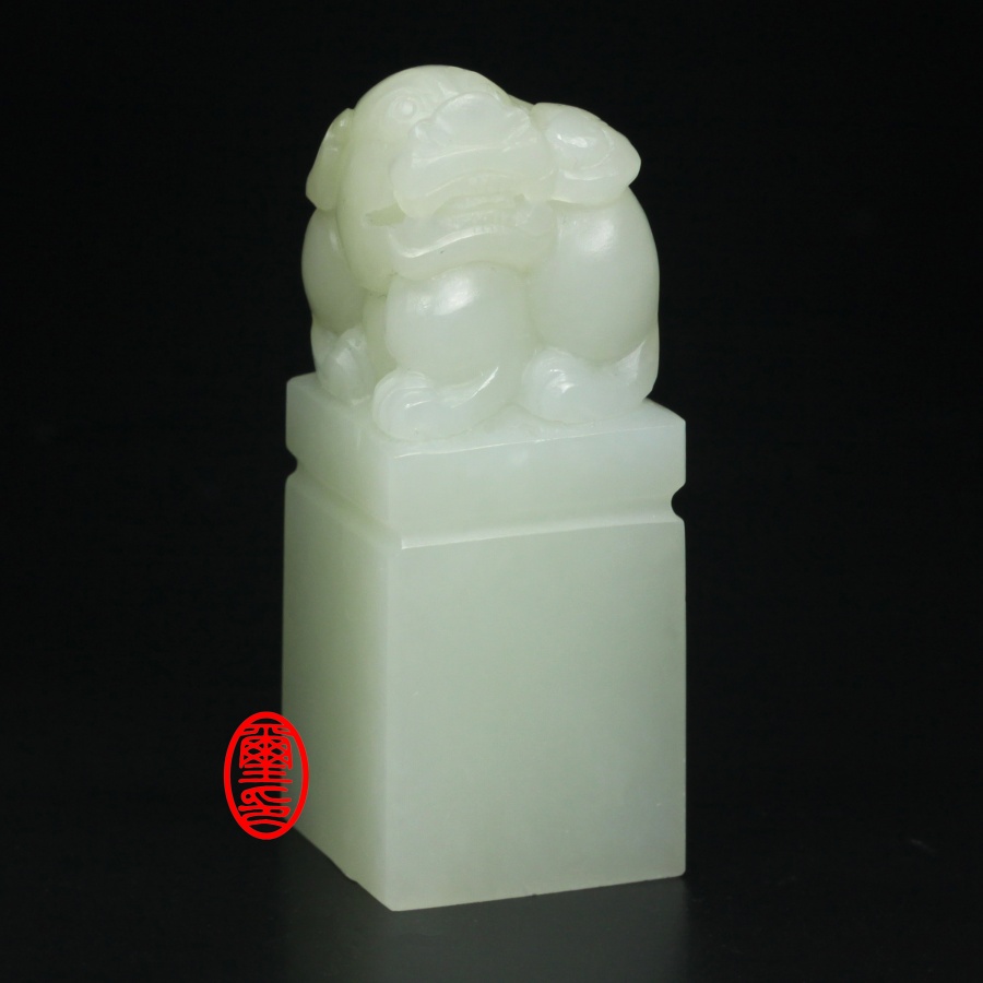 本物和田白玉 原石 透彫 清代 招財瑞獣貔貅紋 篆刻 篆書 印章 雅趣閑章 置物 東洋彫刻 - 書